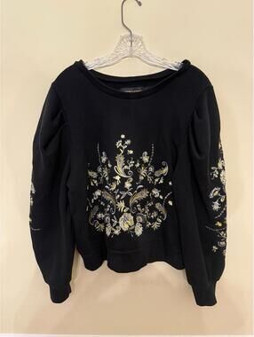 Gabrielle Union Embroidered Floral Sweatshirt Black Gold M